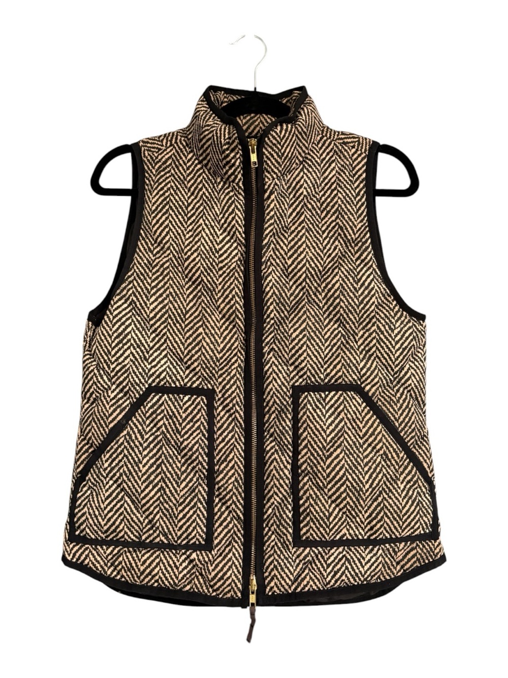 J. Crew Herringbone Down Puffer Vest Black Tan Quilted Full Zip Size Small